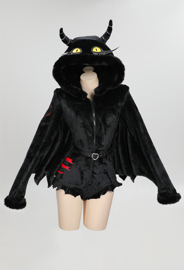 Killing Demon Gothic Hooded Loungewear Black Demon Style Bodysuit with Stockings