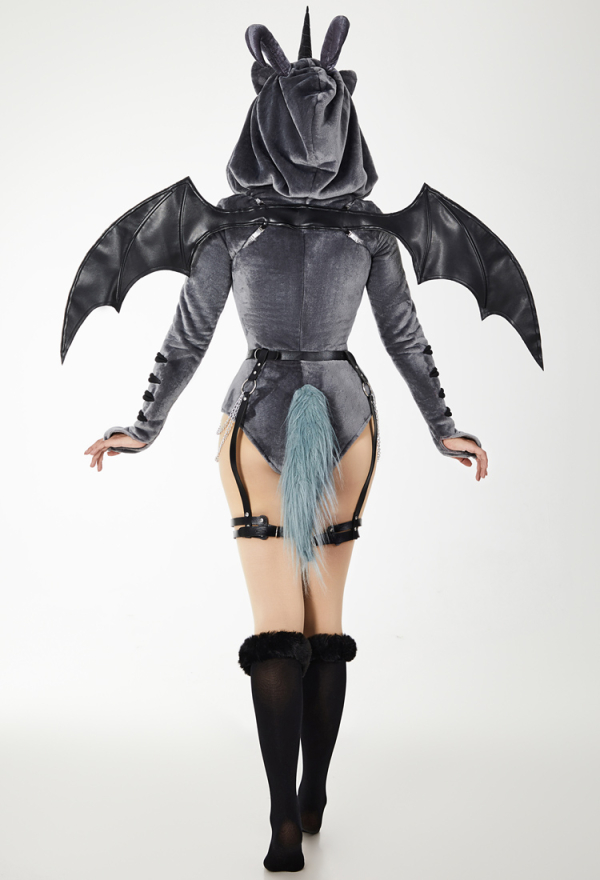 AFTER DUSK Gothic Dark Style Bodysuit Sexy Plush Hooded Romper with Detachable Wings