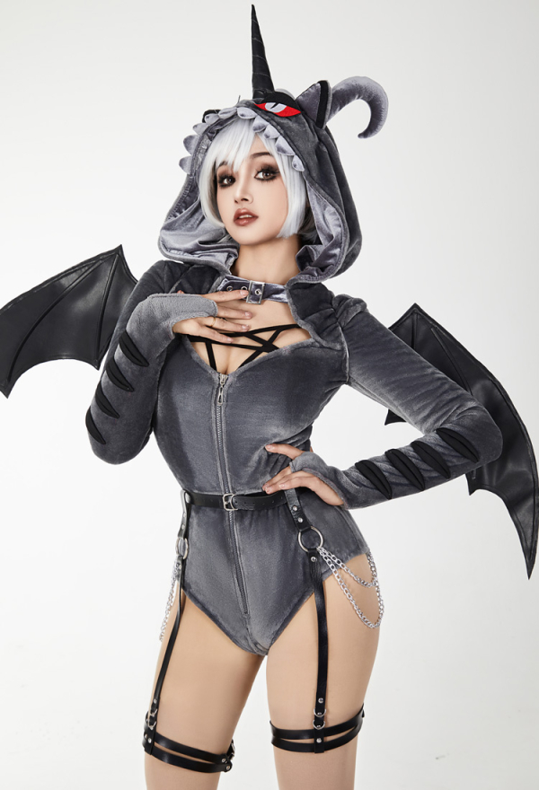 AFTER DUSK Gothic Dark Style Bodysuit Sexy Plush Hooded Romper with Detachable Wings