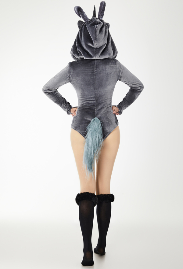 AFTER DUSK Gothic Dark Style Bodysuit Sexy Plush Hooded Romper with Detachable Wings
