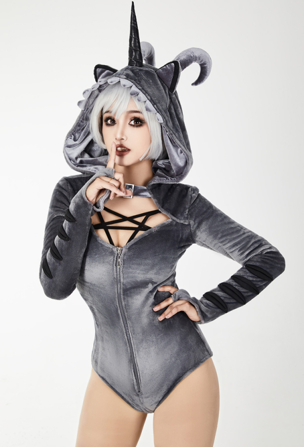 AFTER DUSK Gothic Dark Style Bodysuit Sexy Plush Hooded Romper with Detachable Wings