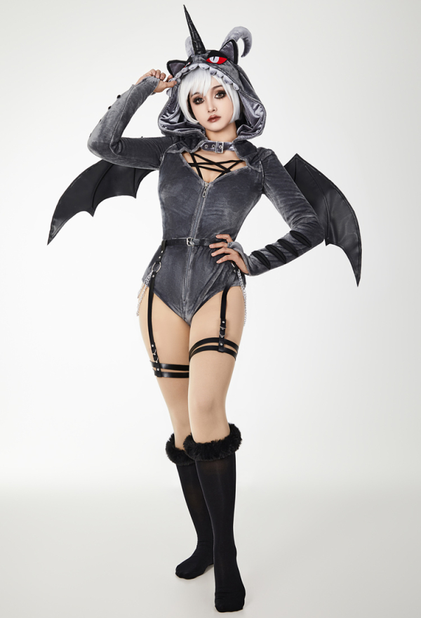 AFTER DUSK Gothic Dark Style Bodysuit Sexy Plush Hooded Romper with Detachable Wings