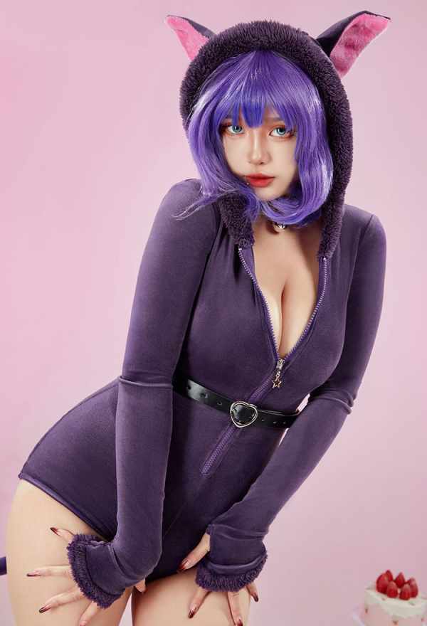 Fluffy Bodycon Romper Purple Furry Lingerie Hooded Bodysuit Homewear with Tail Belt and Stockings