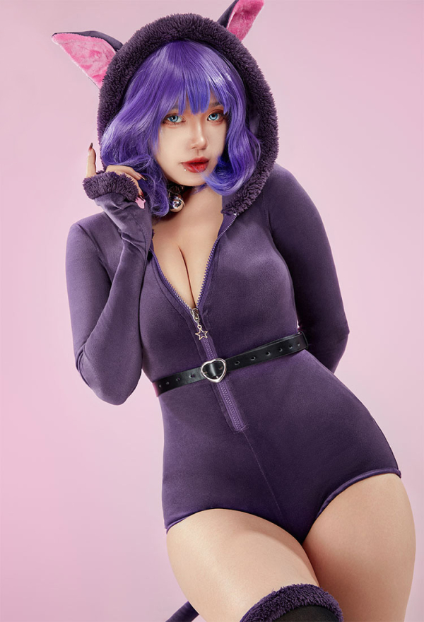 Fluffy Bodycon Romper Purple Furry Lingerie Hooded Bodysuit Homewear with Tail Belt and Stockings