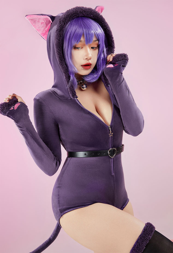 Fluffy Bodycon Romper Purple Furry Lingerie Hooded Bodysuit Homewear with Tail Belt and Stockings