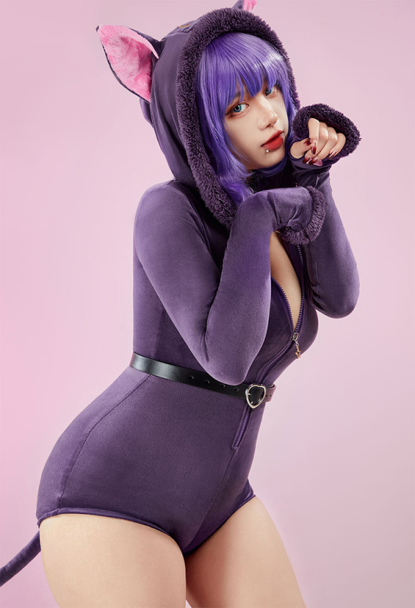 Fluffy Bodycon Romper Purple Furry Lingerie Hooded Bodysuit Homewear with Tail Belt and Stockings
