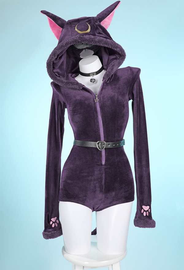 Fluffy Bodycon Romper Purple Furry Lingerie Hooded Bodysuit Homewear with Tail Belt and Stockings