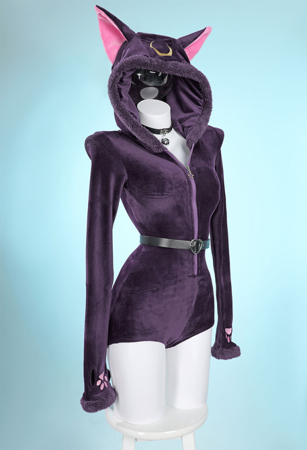Fluffy Bodycon Romper Purple Furry Lingerie Hooded Bodysuit Homewear with Tail Belt and Stockings