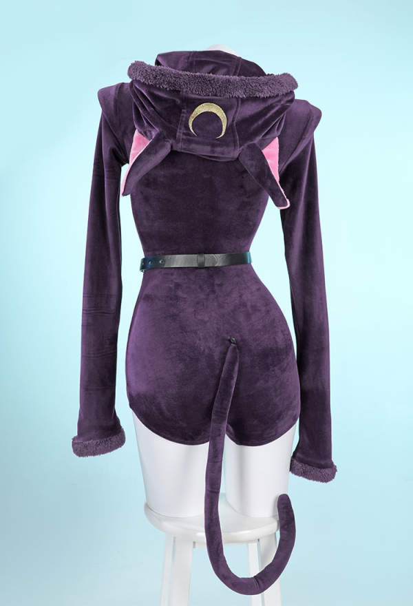 Fluffy Bodycon Romper Purple Furry Lingerie Hooded Bodysuit Homewear with Tail Belt and Stockings