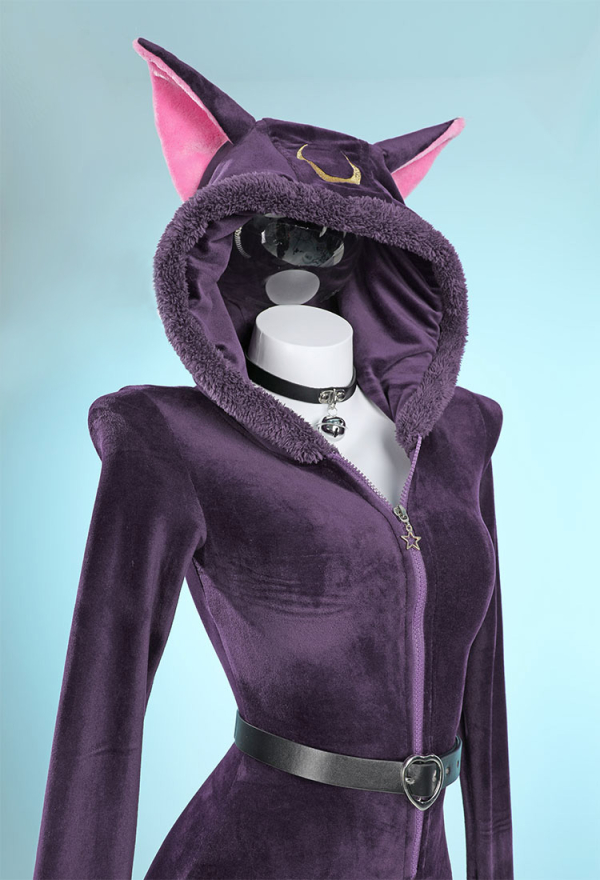 Fluffy Bodycon Romper Purple Furry Lingerie Hooded Bodysuit Homewear with Tail Belt and Stockings