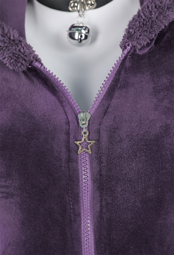 Fluffy Bodycon Romper Purple Furry Lingerie Hooded Bodysuit Homewear with Tail Belt and Stockings