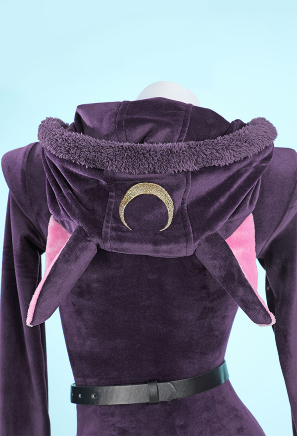 Fluffy Bodycon Romper Purple Furry Lingerie Hooded Bodysuit Homewear with Tail Belt and Stockings