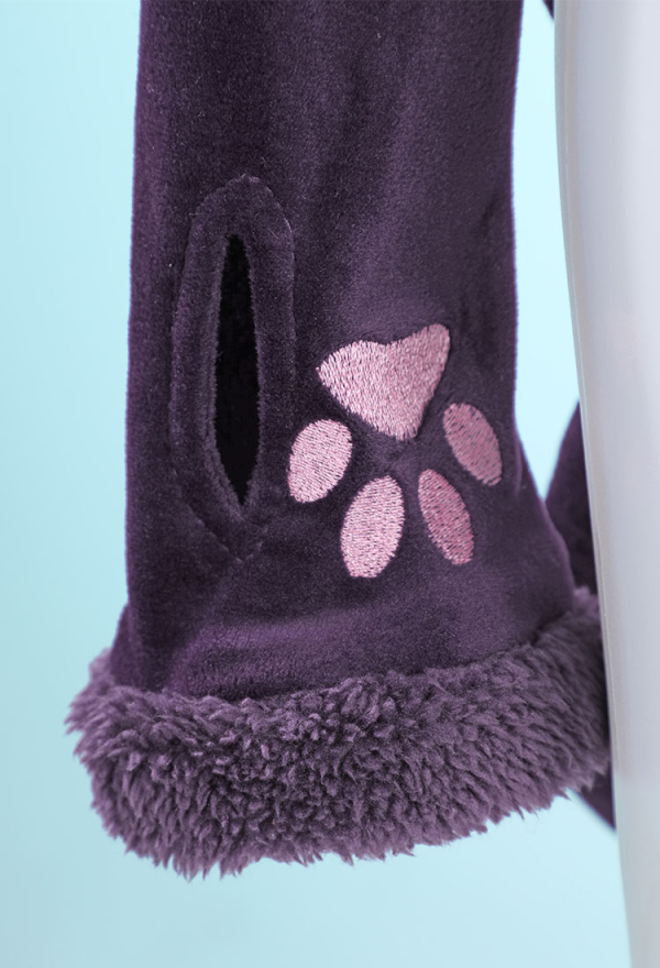 Fluffy Bodycon Romper Purple Furry Lingerie Hooded Bodysuit Homewear with Tail Belt and Stockings