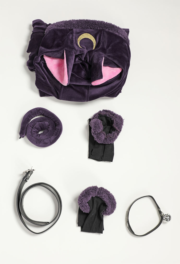 Fluffy Bodycon Romper Purple Furry Lingerie Hooded Bodysuit Homewear with Tail Belt and Stockings