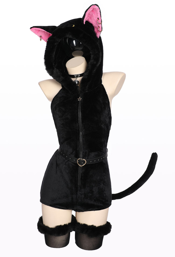Moon Cat Sexy Lingerie Bodysuit Black Plush Hooded Romper with Belt and Tail Moon Cat Sexy Lingerie Bodysuit Black Plush Hooded Romper with Belt and Tail