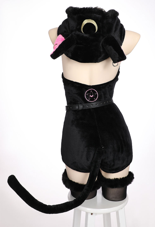 Moon Cat Sexy Lingerie Bodysuit Black Plush Hooded Romper with Belt and Tail Moon Cat Sexy Lingerie Bodysuit Black Plush Hooded Romper with Belt and Tail