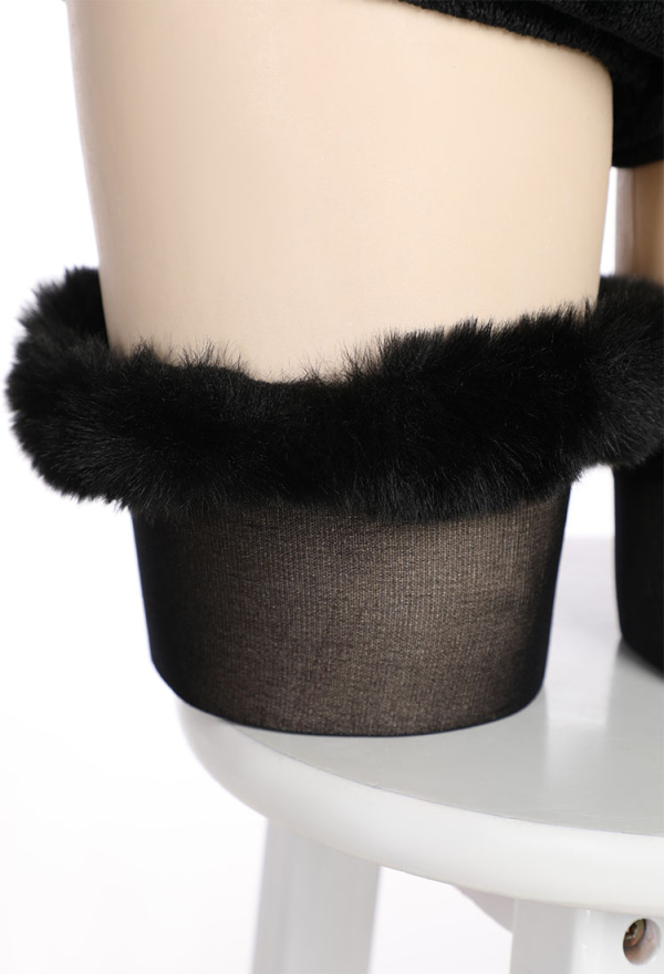 Moon Cat Sexy Lingerie Bodysuit Black Plush Hooded Romper with Belt and Tail Moon Cat Sexy Lingerie Bodysuit Black Plush Hooded Romper with Belt and Tail