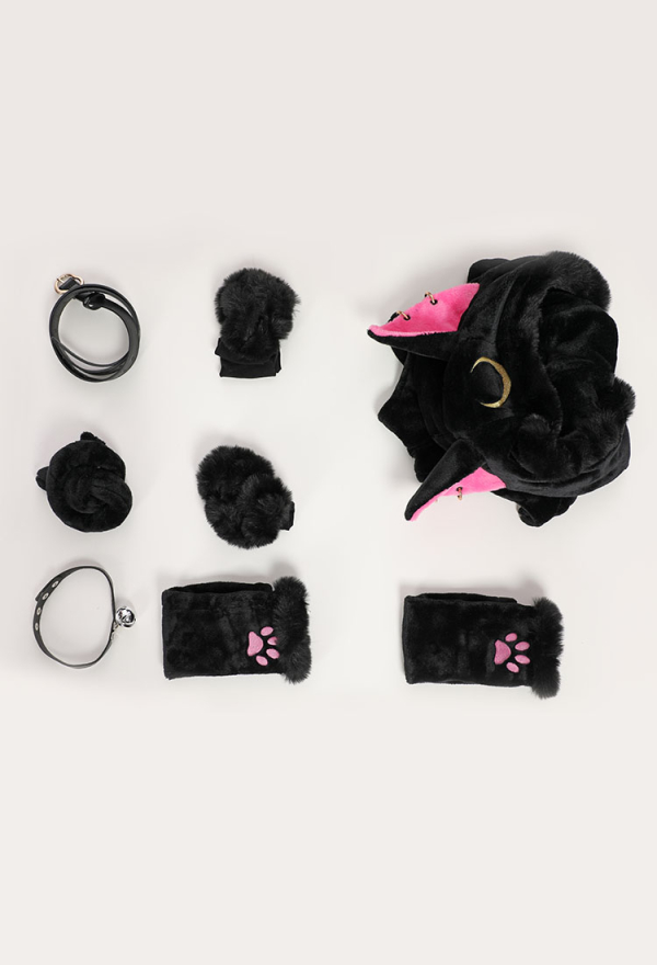 Moon Cat Sexy Lingerie Bodysuit Black Plush Hooded Romper with Belt and Tail Moon Cat Sexy Lingerie Bodysuit Black Plush Hooded Romper with Belt and Tail