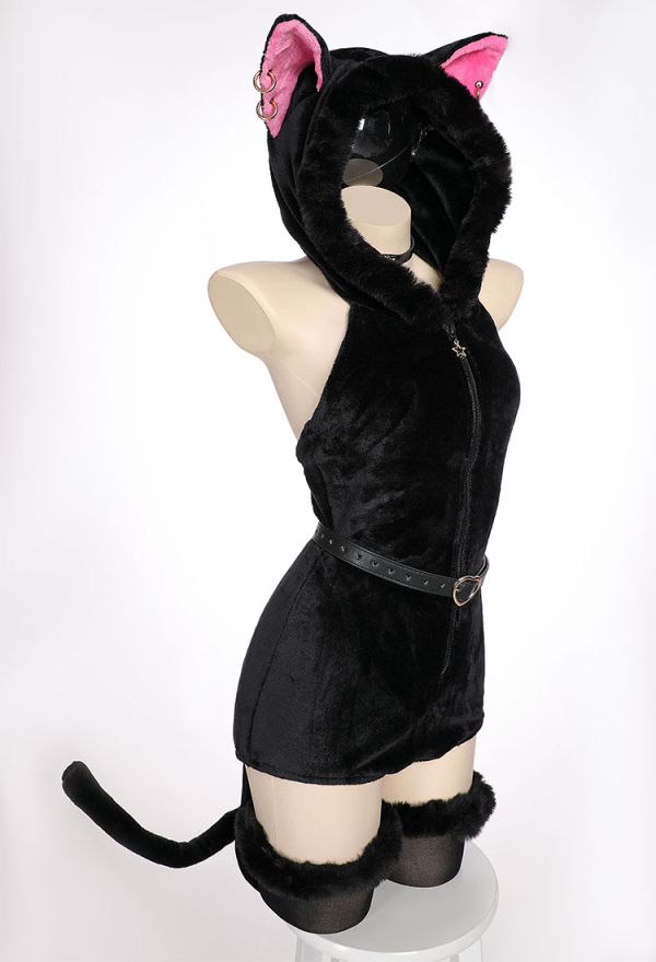 Moon Cat Sexy Lingerie Bodysuit Black Plush Hooded Romper with Belt and Tail Moon Cat Sexy Lingerie Bodysuit Black Plush Hooded Romper with Belt and Tail