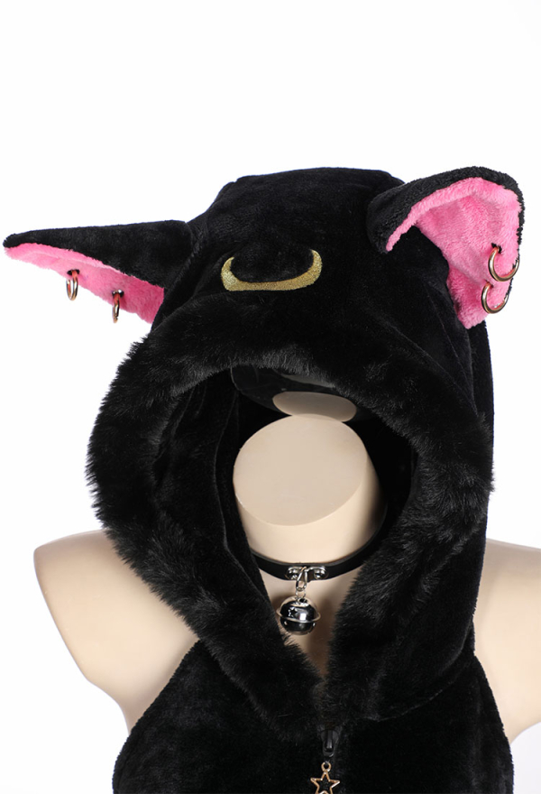 Moon Cat Sexy Lingerie Bodysuit Black Plush Hooded Romper with Belt and Tail Moon Cat Sexy Lingerie Bodysuit Black Plush Hooded Romper with Belt and Tail