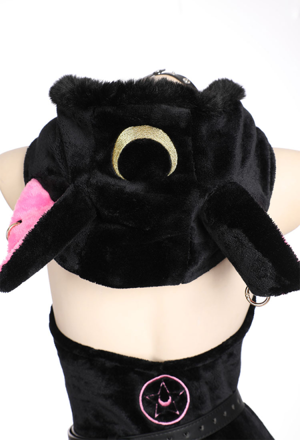 Moon Cat Sexy Lingerie Bodysuit Black Plush Hooded Romper with Belt and Tail Moon Cat Sexy Lingerie Bodysuit Black Plush Hooded Romper with Belt and Tail