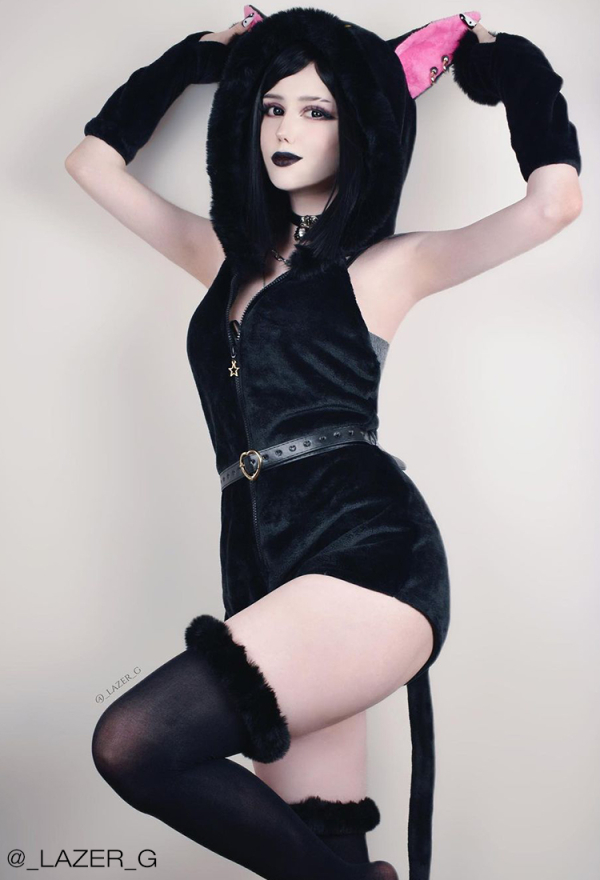 Moon Cat Sexy Lingerie Bodysuit Black Plush Hooded Romper with Belt and Tail Moon Cat Sexy Lingerie Bodysuit Black Plush Hooded Romper with Belt and Tail