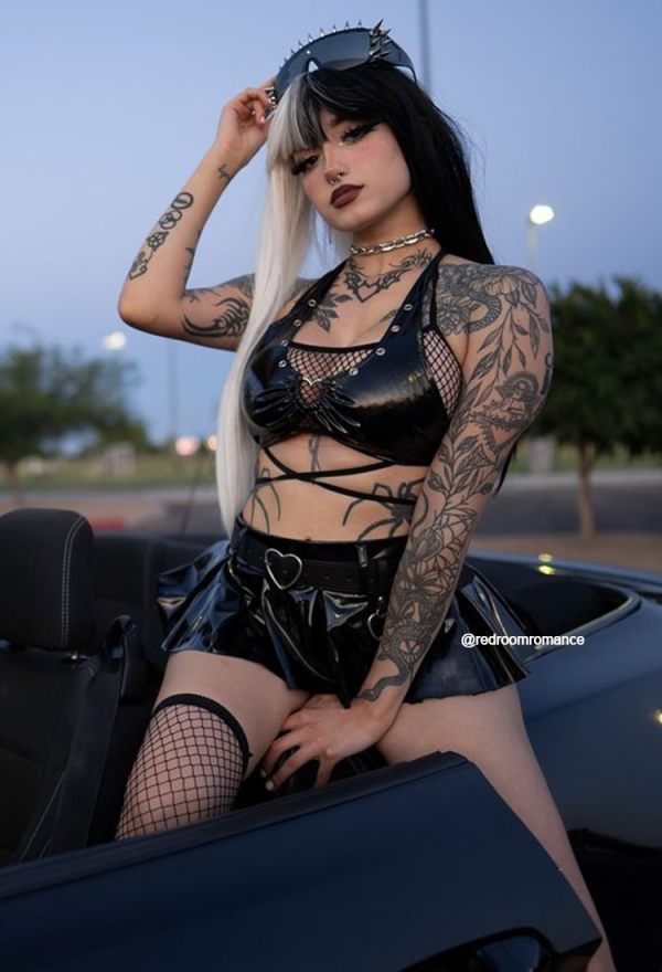 Rebel Vibe Gothic Sexy Dark Style Lingerie Set Black Strap Halter Top and Skirt with Fishnet Stockings