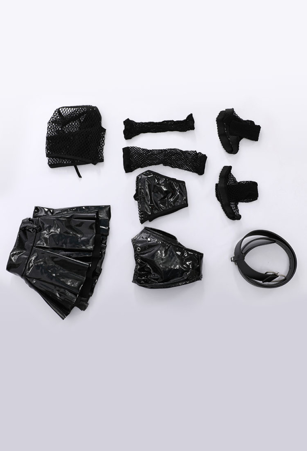 Rebel Vibe Gothic Sexy Dark Style Lingerie Set Black Strap Halter Top and Skirt with Fishnet Stockings