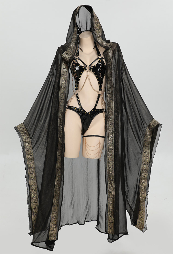 Toxic Spells Gothic Evil Mage Style Lingerie Set Black Bodysuit with Mage Robe