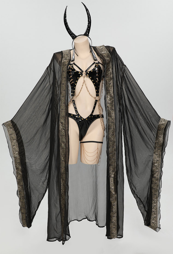 Toxic Spells Gothic Evil Mage Style Lingerie Set Black Bodysuit with Mage Robe