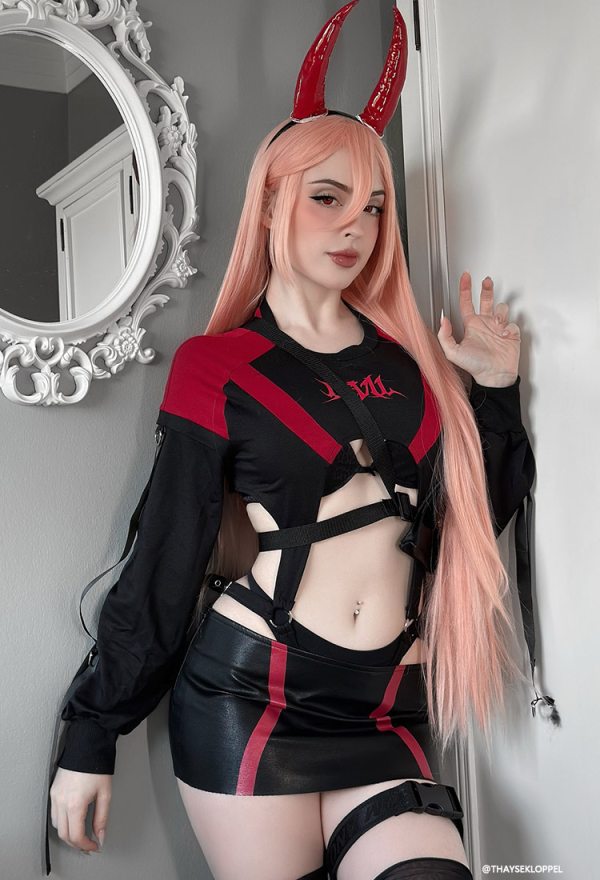MIDNIGHT DEVIL Gothic Biker Style Set Long Sleeves Bodysuit Suit with Skirt Waist Bag Headband MIDNIGHT DEVIL Gothic Biker Style Set Long Sleeves Bodysuit Suit with Skirt Waist Bag Headband
