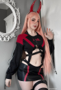 MIDNIGHT DEVIL Gothic Biker Style Set Long Sleeves Bodysuit Suit with Skirt Waist Bag Headband