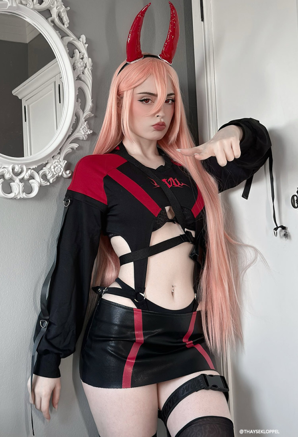 MIDNIGHT DEVIL Gothic Biker Style Set Long Sleeves Bodysuit Suit with Skirt Waist Bag Headband MIDNIGHT DEVIL Gothic Biker Style Set Long Sleeves Bodysuit Suit with Skirt Waist Bag Headband