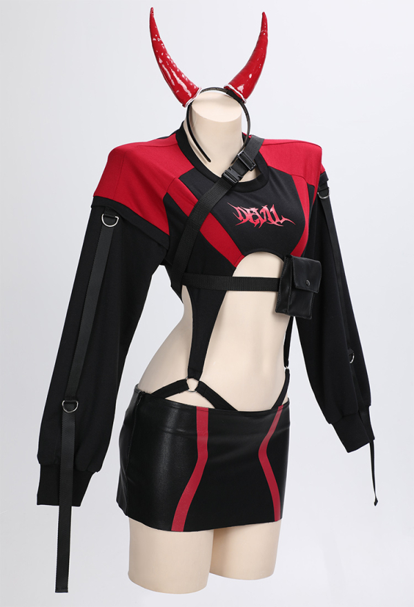 MIDNIGHT DEVIL Gothic Biker Style Set Long Sleeves Bodysuit Suit with Skirt Waist Bag Headband MIDNIGHT DEVIL Gothic Biker Style Set Long Sleeves Bodysuit Suit with Skirt Waist Bag Headband