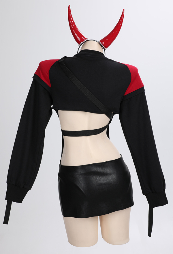 MIDNIGHT DEVIL Gothic Biker Style Set Long Sleeves Bodysuit Suit with Skirt Waist Bag Headband MIDNIGHT DEVIL Gothic Biker Style Set Long Sleeves Bodysuit Suit with Skirt Waist Bag Headband