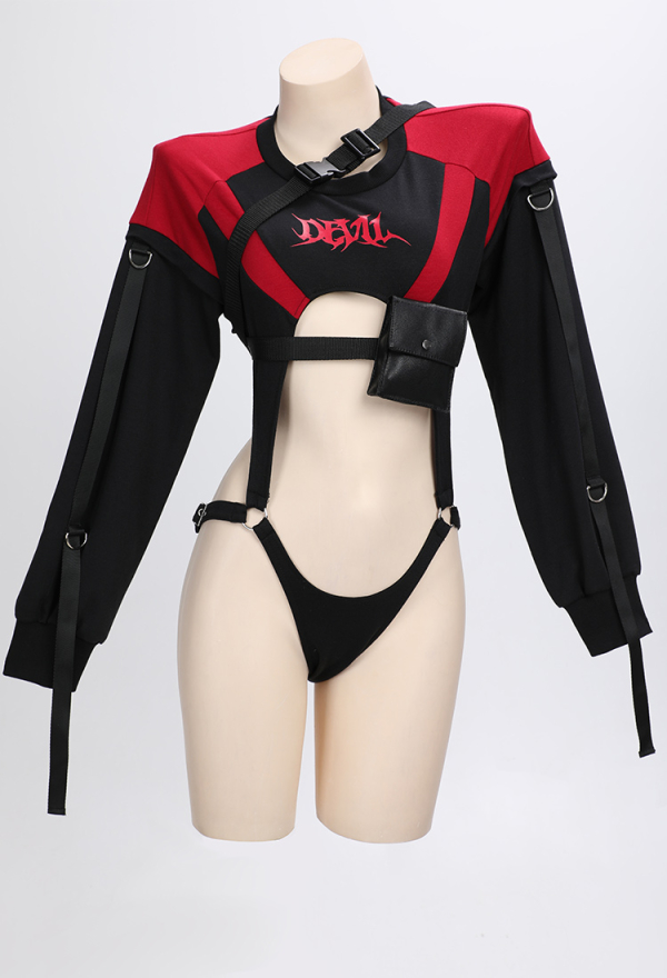 MIDNIGHT DEVIL Gothic Biker Style Set Long Sleeves Bodysuit Suit with Skirt Waist Bag Headband MIDNIGHT DEVIL Gothic Biker Style Set Long Sleeves Bodysuit Suit with Skirt Waist Bag Headband