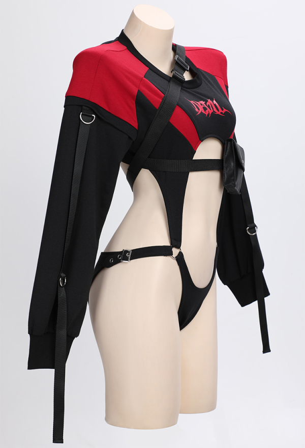 MIDNIGHT DEVIL Gothic Biker Style Set Long Sleeves Bodysuit Suit with Skirt Waist Bag Headband MIDNIGHT DEVIL Gothic Biker Style Set Long Sleeves Bodysuit Suit with Skirt Waist Bag Headband