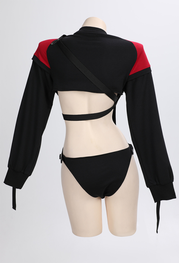 MIDNIGHT DEVIL Gothic Biker Style Set Long Sleeves Bodysuit Suit with Skirt Waist Bag Headband MIDNIGHT DEVIL Gothic Biker Style Set Long Sleeves Bodysuit Suit with Skirt Waist Bag Headband