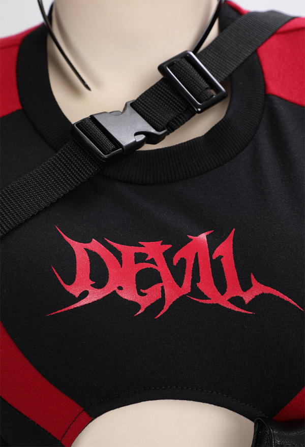 MIDNIGHT DEVIL Gothic Biker Style Set Long Sleeves Bodysuit Suit with Skirt Waist Bag Headband MIDNIGHT DEVIL Gothic Biker Style Set Long Sleeves Bodysuit Suit with Skirt Waist Bag Headband