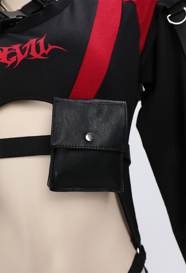 MIDNIGHT DEVIL Gothic Biker Style Set Long Sleeves Bodysuit Suit with Skirt Waist Bag Headband MIDNIGHT DEVIL Gothic Biker Style Set Long Sleeves Bodysuit Suit with Skirt Waist Bag Headband