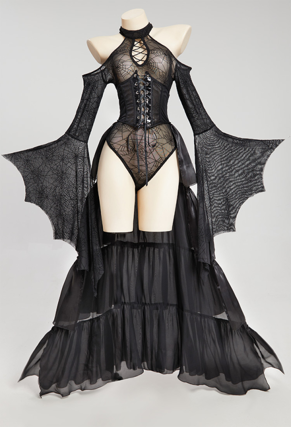 PRETTY CRAWLER Gothic Sexy Bodysuit Black Spider Web Off-shoulder Long Sleeves Lingerie with Trailing Corset PRETTY CRAWLER Gothic Sexy Bodysuit Black Spider Web Off-shoulder Long Sleeves Lingerie with Trailing Corset