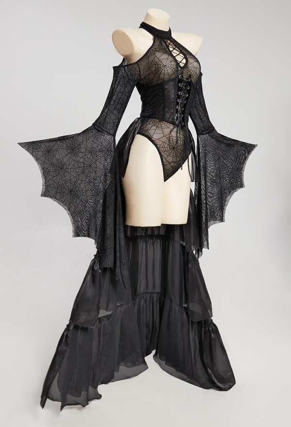 PRETTY CRAWLER Gothic Sexy Bodysuit Black Spider Web Off-shoulder Long Sleeves Lingerie with Trailing Corset PRETTY CRAWLER Gothic Sexy Bodysuit Black Spider Web Off-shoulder Long Sleeves Lingerie with Trailing Corset