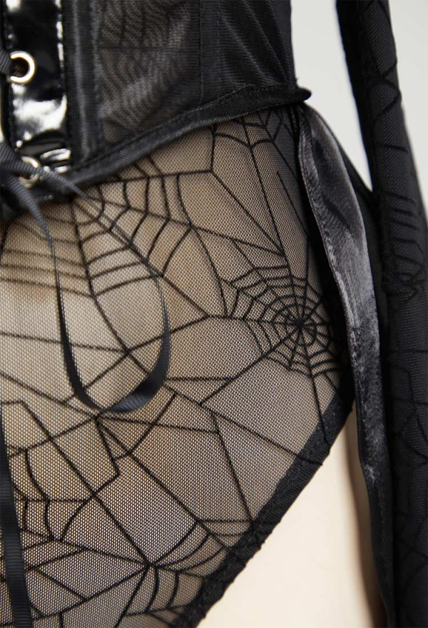 PRETTY CRAWLER Gothic Sexy Bodysuit Black Spider Web Off-shoulder Long Sleeves Lingerie with Trailing Corset PRETTY CRAWLER Gothic Sexy Bodysuit Black Spider Web Off-shoulder Long Sleeves Lingerie with Trailing Corset