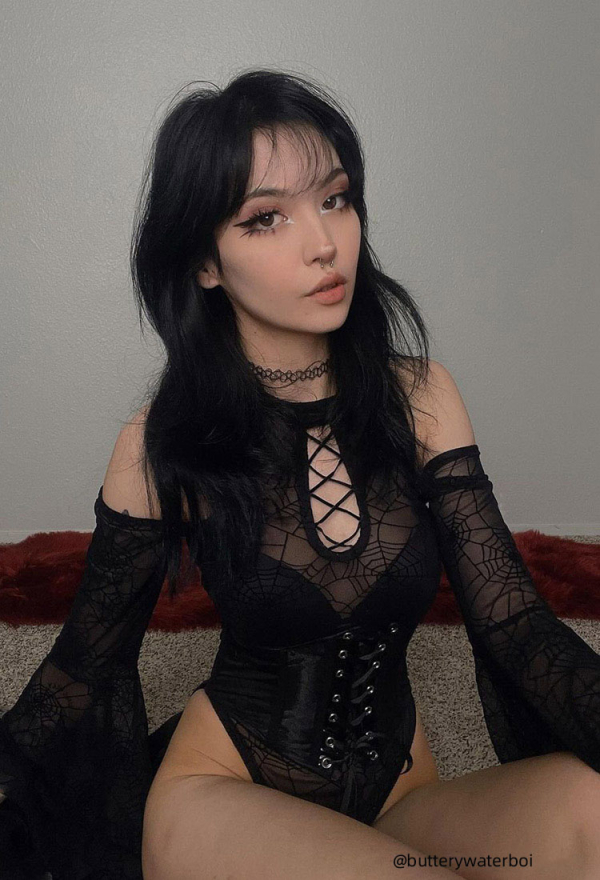 PRETTY CRAWLER Gothic Sexy Bodysuit Black Spider Web Off-shoulder Long Sleeves Lingerie with Trailing Corset PRETTY CRAWLER Gothic Sexy Bodysuit Black Spider Web Off-shoulder Long Sleeves Lingerie with Trailing Corset
