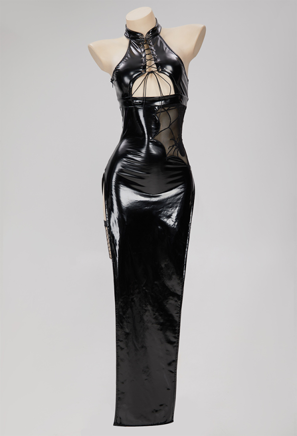 PRETTY CRAWLER Gothic Sexy Spider-web Design Dress Black Lace-up Hollow Chest Slit Dress PRETTY CRAWLER Gothic Sexy Spider-web Design Dress Black Lace-up Hollow Chest Slit Dress