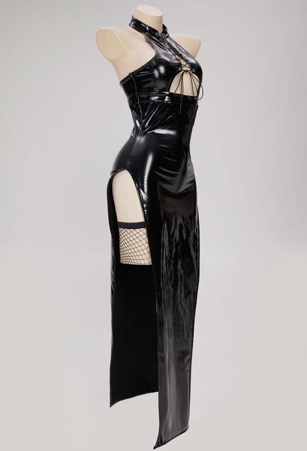 PRETTY CRAWLER Gothic Sexy Spider-web Design Dress Black Lace-up Hollow Chest Slit Dress PRETTY CRAWLER Gothic Sexy Spider-web Design Dress Black Lace-up Hollow Chest Slit Dress