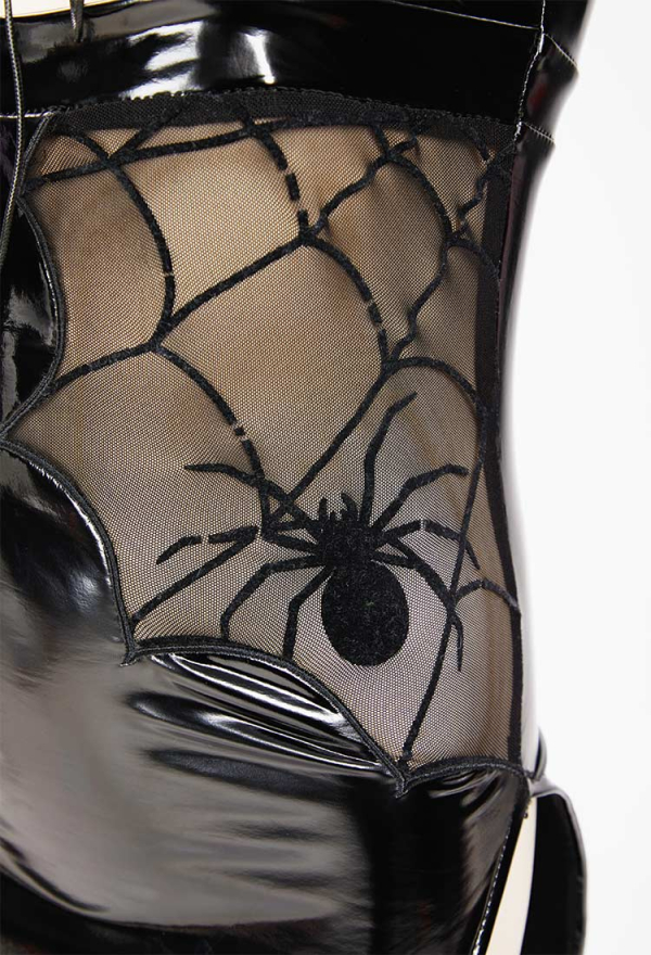 PRETTY CRAWLER Gothic Sexy Spider-web Design Dress Black Lace-up Hollow Chest Slit Dress PRETTY CRAWLER Gothic Sexy Spider-web Design Dress Black Lace-up Hollow Chest Slit Dress