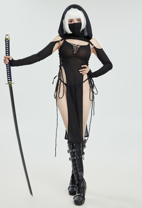 DARK BREATH Sexy Ninja Style Lingerie Set Black Lace up Slit Dress and Hooded Top DARK BREATH Sexy Ninja Style Lingerie Set Black Lace up Slit Dress and Hooded Top