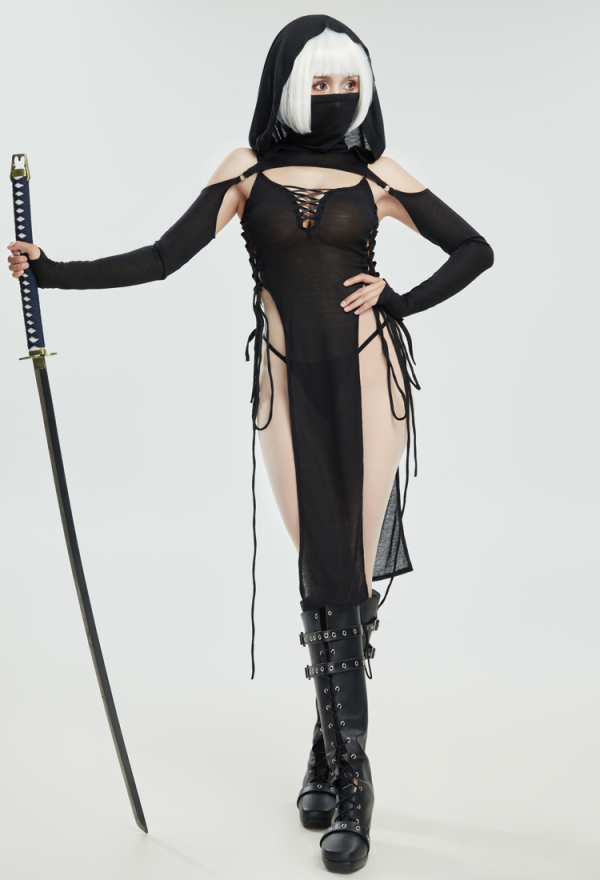 DARK BREATH Sexy Ninja Style Lingerie Set Black Lace up Slit Dress and Hooded Top DARK BREATH Sexy Ninja Style Lingerie Set Black Lace up Slit Dress and Hooded Top