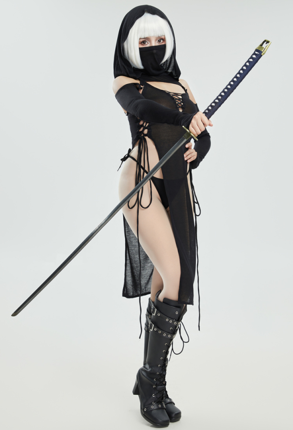 DARK BREATH Sexy Ninja Style Lingerie Set Black Lace up Slit Dress and Hooded Top DARK BREATH Sexy Ninja Style Lingerie Set Black Lace up Slit Dress and Hooded Top